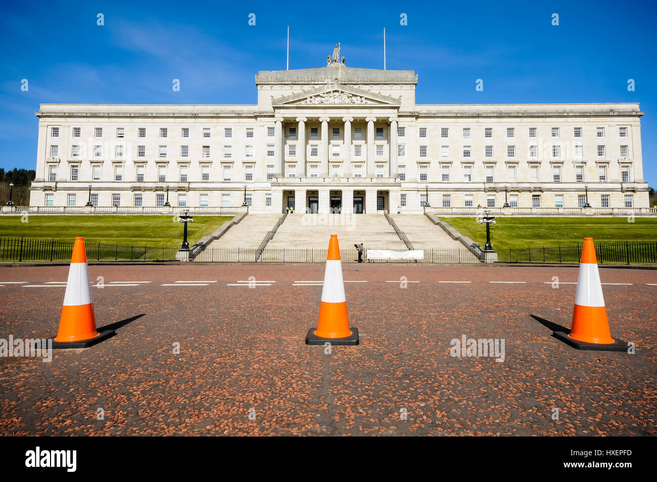 Traffic cones outside Parliament Buildings, Stormont, Belfast, home of