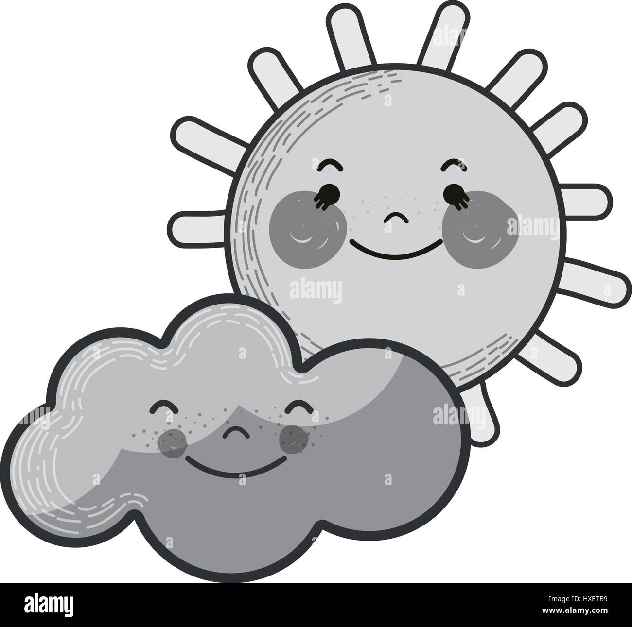 grayscale kawaii sun and cloud with cheeks and eyes Stock Vector Image ...