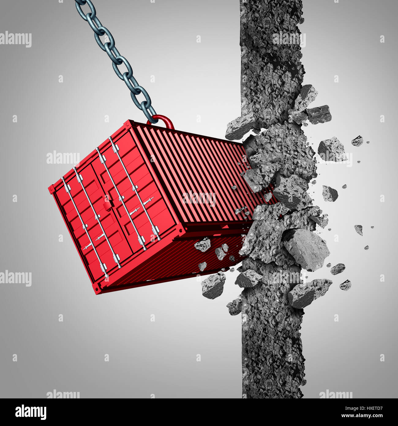 Trade barrier concept and breaking economic sanctions or opening new export and import markets as a freight container breaking an obstacle. Stock Photo