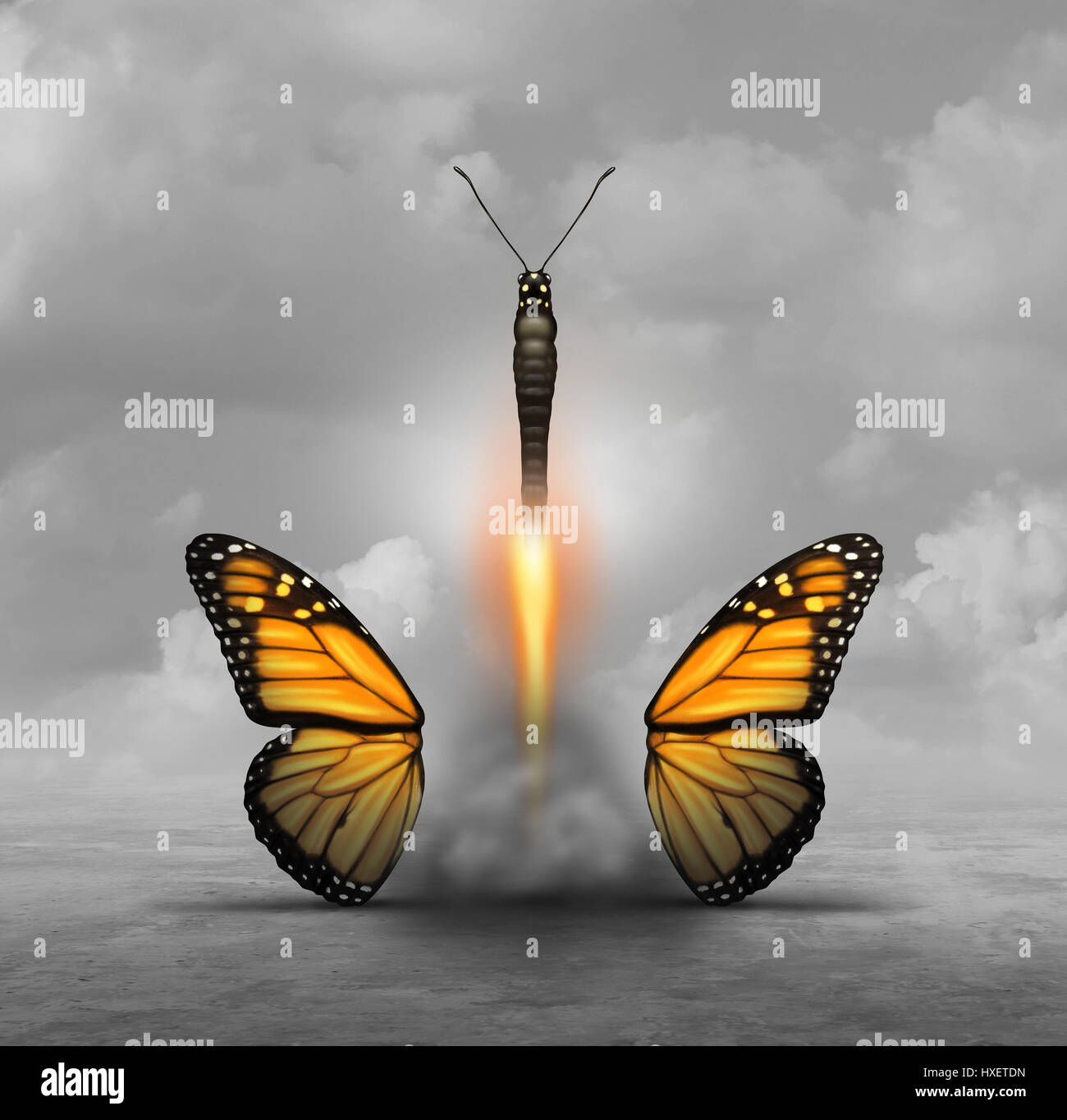 Optimize and optimization or achieving more with less concept as a butterfly letting go of wings while taking off like a rocket booster. Stock Photo