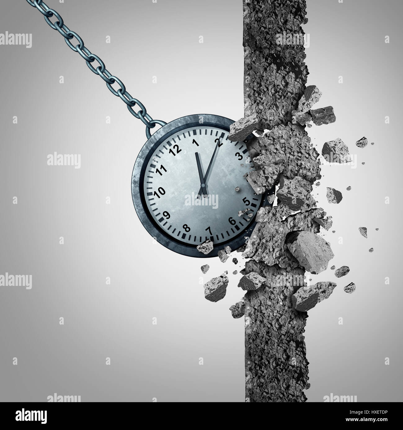 Time limit deadline schedule concept as a clock shaped as a wrecking ball destroying and breaking a cement wall obstacle. Stock Photo