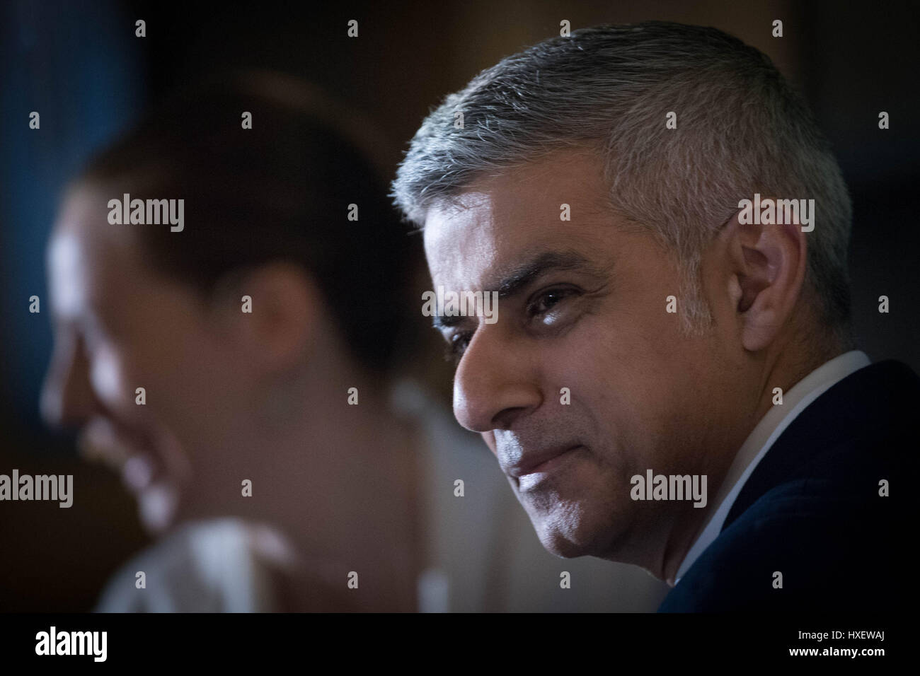 Mayor of London, Sadiq Khan speaking at POLITICO's 'The New European Order' event in Brussels during the mayors three day visit to Paris and Brussels where he will meet EU leaders and officials to talk about Brexit and the recent terror attack in London. Stock Photo