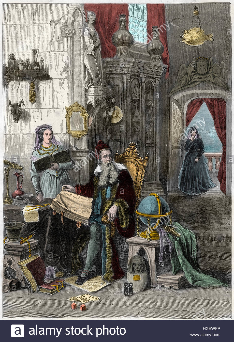 Catherine de Medici, 1519-1589, and her astrologer Nostradamus, 1503-1566 - Portrait de Nostradamus, Michel de Notre Dame (1503-1566) astrologue et me