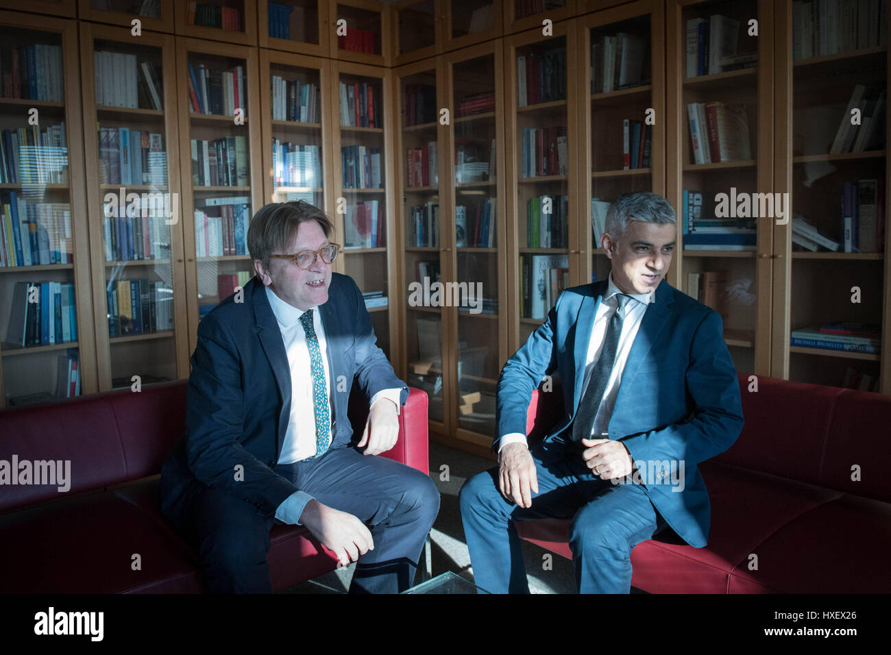 Mayor of London Sadiq Khan meets with Guy Verhofstadt MEP, European Parliament lead negotiator on Brexit, at the European Parliament in Brussels during his three day visit to Paris and Brussels where he will meet EU leaders and officials to talk about Brexit and the recent terror attack in London. Stock Photo