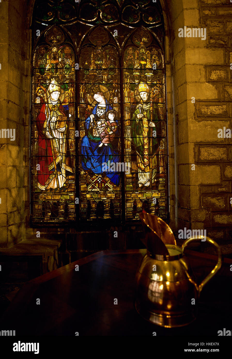 Antonio Rigalt (1861-1914). Modernist artist. Stained glass of town hall.  Virgin Mary with Bishops of Barcelona Saint Olegarius Bonestruga (1060-1137) and Saint Severus of Barcelona (d. 304). Catalonia, Spain. Stock Photo