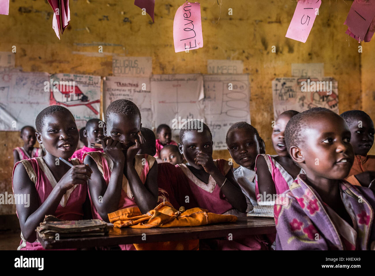 Young students in an elementary school in rural Eastern Uganda Stock Photo