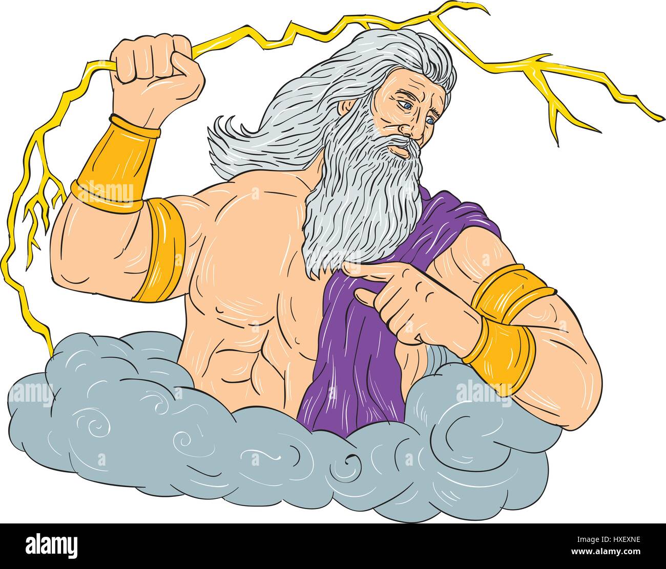 Drawing sketch style illustration of Zeus, Greek god of the sky and ruler of the Olympian gods wielding holding a thunderbolt lightning looking to the Stock Vector
