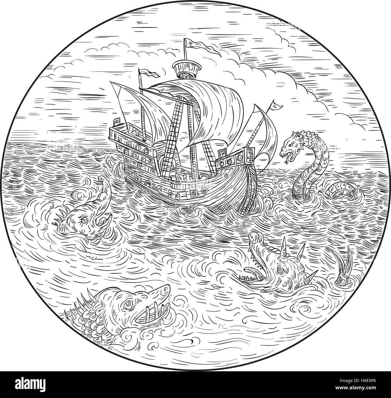 Drawing sketch style illustration of a tall ship sailing in turbulent ocean sea with serpents and sea dragons around set inside circle done in black a Stock Vector