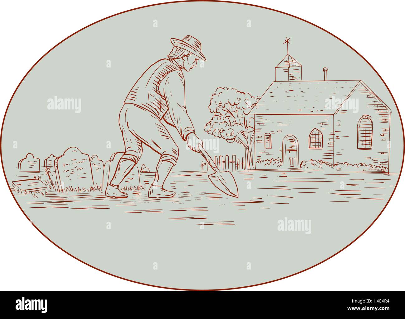 Drawing sketch style illustration of a grave digger in the medieval times holding shovel digging viewed from the side set inside oval shape with churc Stock Vector