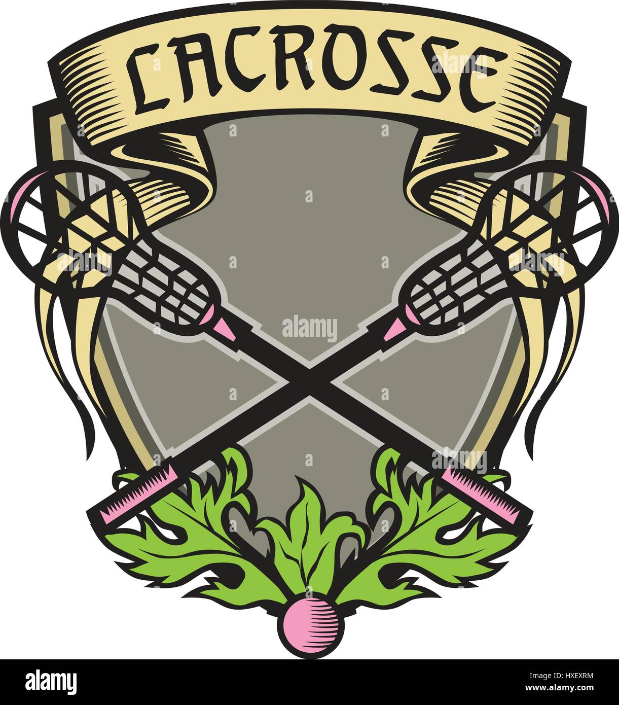 Illustration of a coat of arms with crossed lacrosse stick set inside