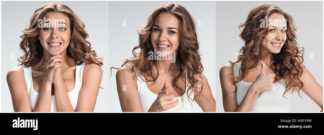 Set of young woman's portraits with different happy emotions Stock Photo