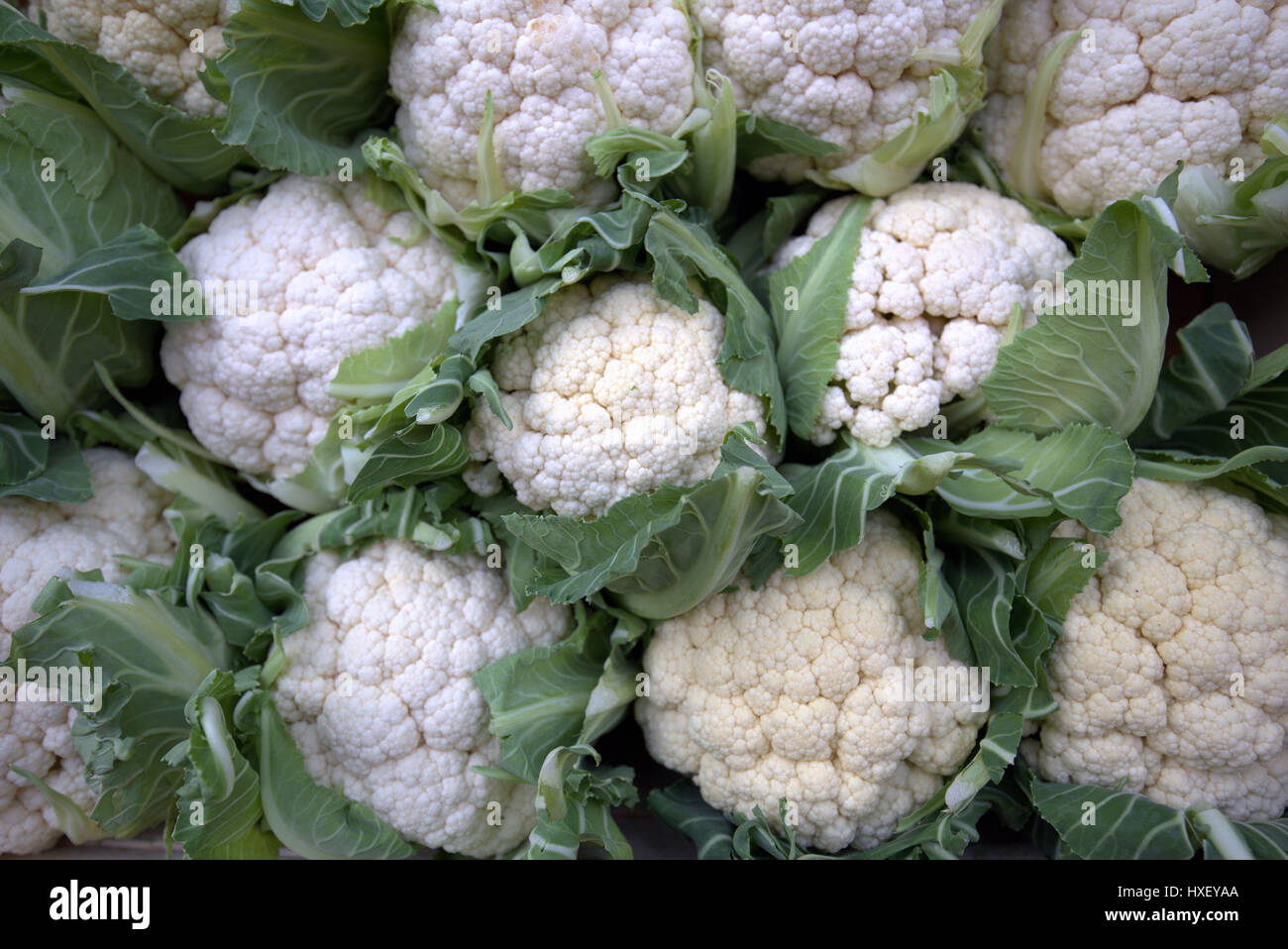 fruit and vegetable stall organic cauliflowers Stock Photo
