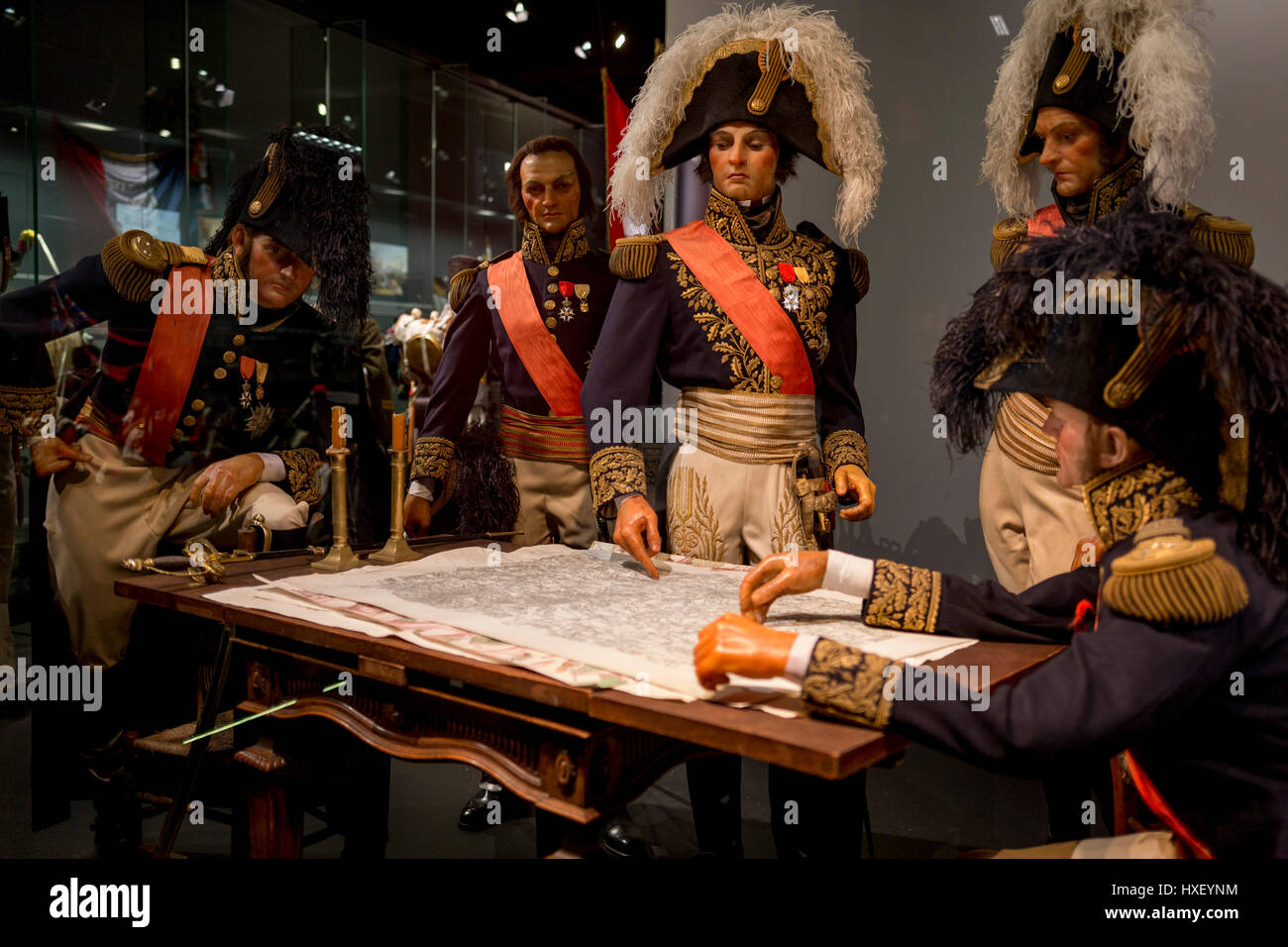 Waxwork models of Napoleon's generals (incl Marechal Soult, centre), re-enact the night before the Battle of Waterloo forming an exhibit inside the Memorial 1815 exhibition at the battlefield, on 25th March 2017, at Waterloo, Belgium. Inaugurated on the battle's bicentenary, visitors experience the history of Napoleonic Europe and the armies of both the French and allied armies on that day. The Battle of Waterloo was fought 18 June 1815. A French army under Napoleon Bonaparte was defeated by two of the armies of the Seventh Coalition: an Anglo-led Allied army under the command of the Duke of W Stock Photo