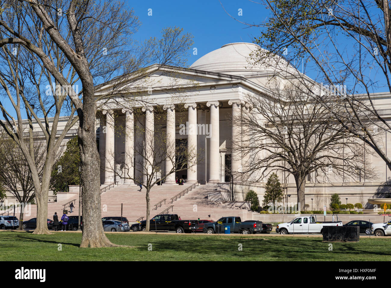 A view of the Neo-classical west building of the National Gallery of Art on the National Mall in Washington, DC. Stock Photo