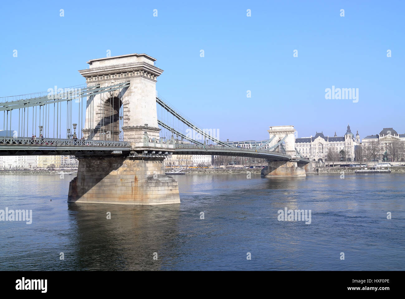 The Széchenyi Chain Bridge in Budapest, Hungary. The suspension bridge spans the River Danube between Buda and Pest and was designed by William Tierne Stock Photo