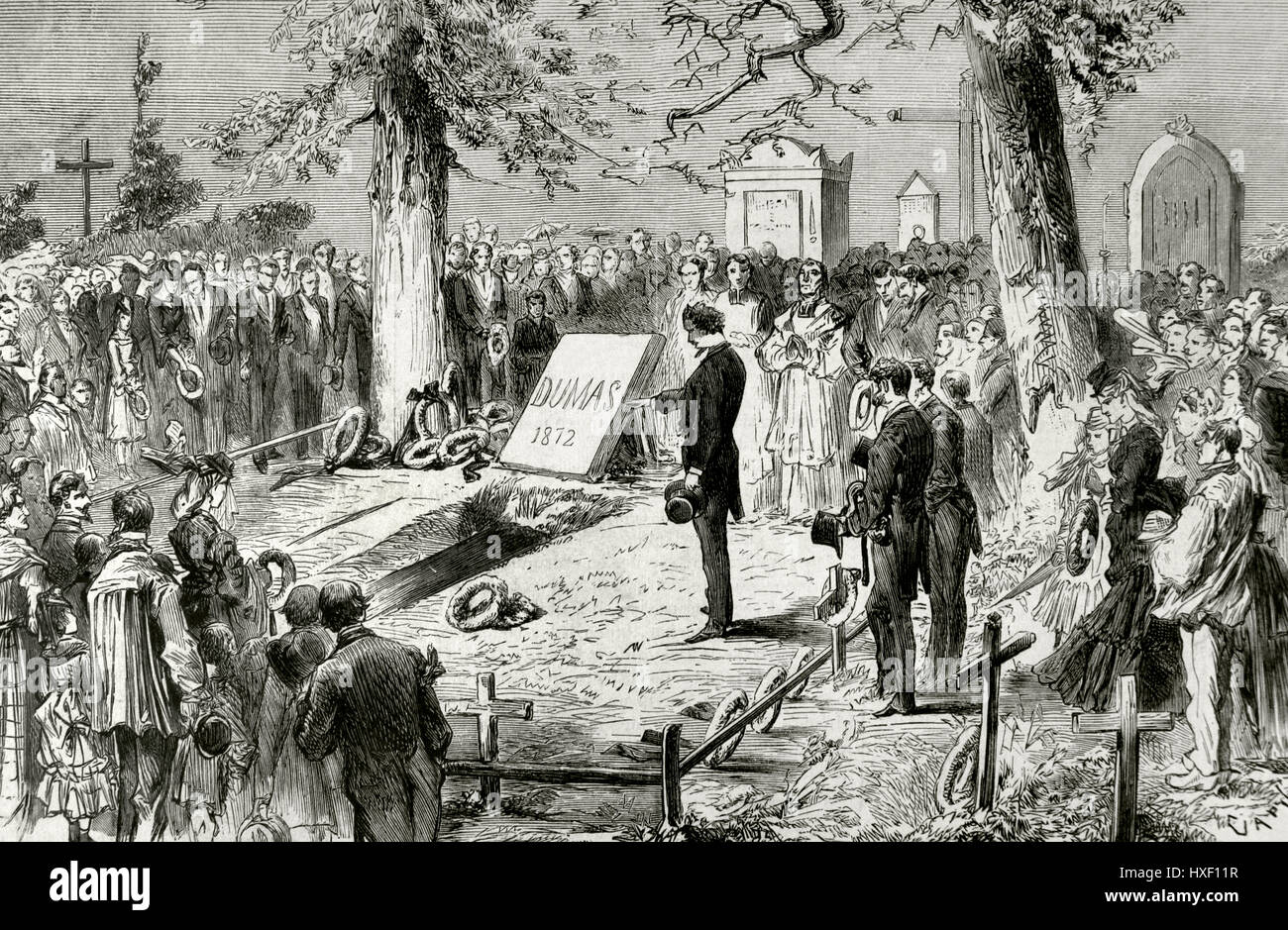 Alexandre Dumas (1802-1870). French writer. Burial at the cemetery of Villers-Cotterets. Engraving by Capuz. 'La Ilustración Española y Americana', 1872. Stock Photo