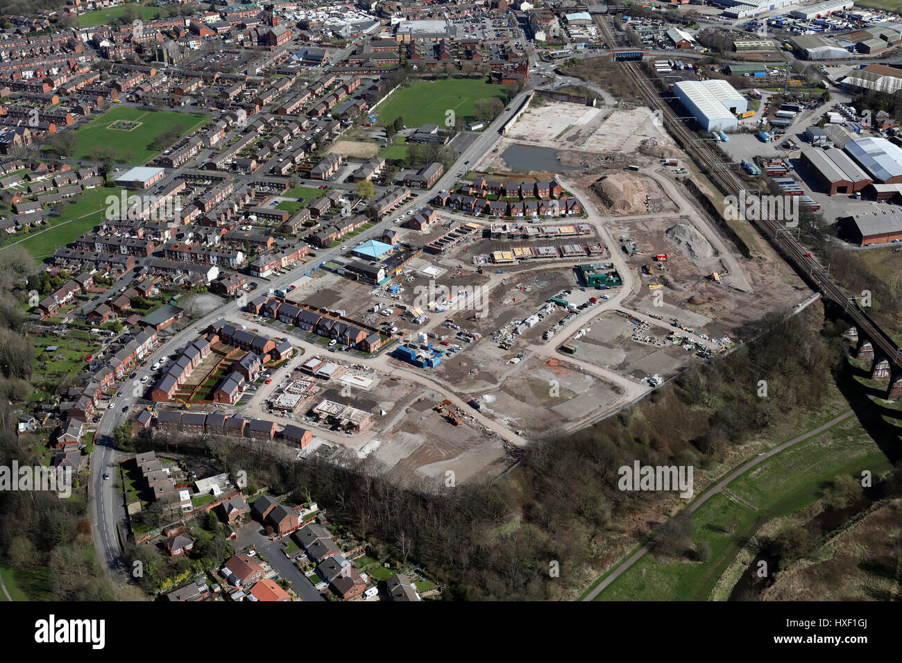 aerial view of new housing development on a brown field site, UK Stock Photo