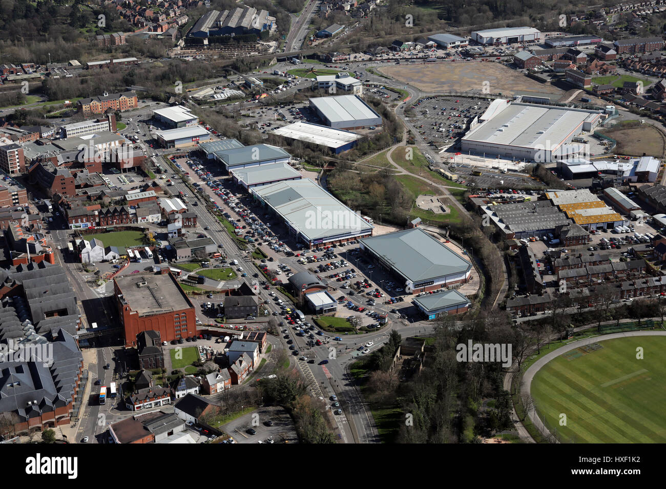aerial view of Ravenside Retail Park, Chesterfield, UK Stock Photo