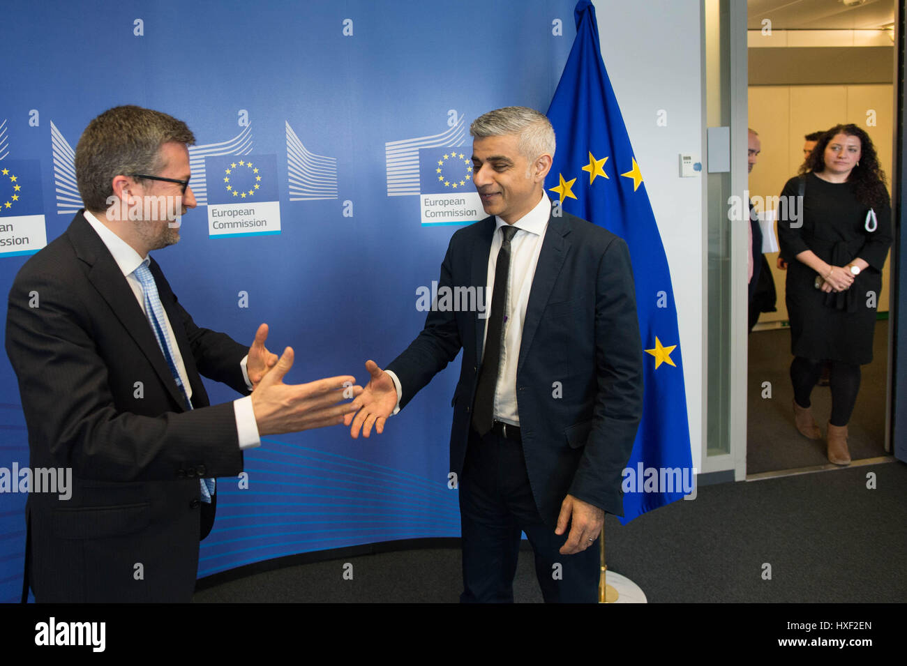 Mayor of London Sadiq Khan meets EU Commissioner Carlos Moedas at the European Commission in Brussels during his three day visit to Paris and Brussels where he will meet EU leaders and officials to talk about Brexit and the recent terror attack in London. Stock Photo