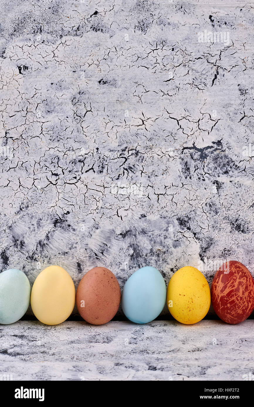 Easter eggs, painted wood background. Stock Photo