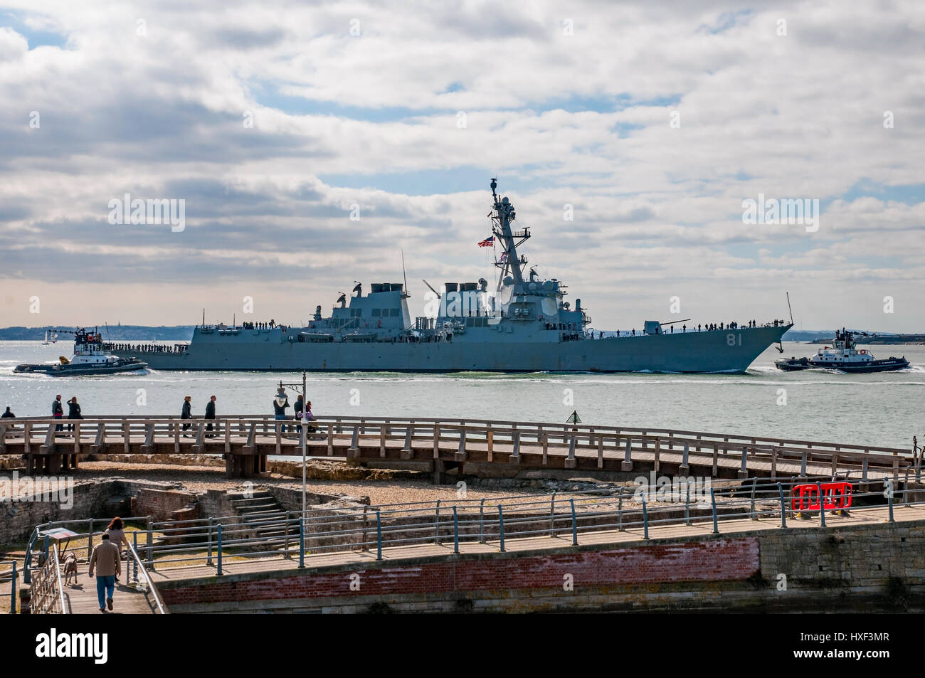 USS Winston S Churchill (Arleigh Burke Class) Destroyer arriving at Portsmouth, UK for a visit by the US Navy on 22/3/15. Stock Photo