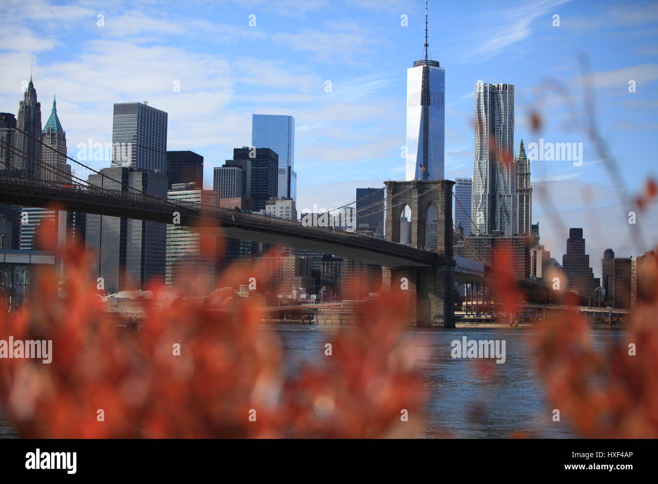 View of Manhattan form Brooklyn with Brooklyn Bridge and Freedom Tower (One World Trade Center). Stock Photo