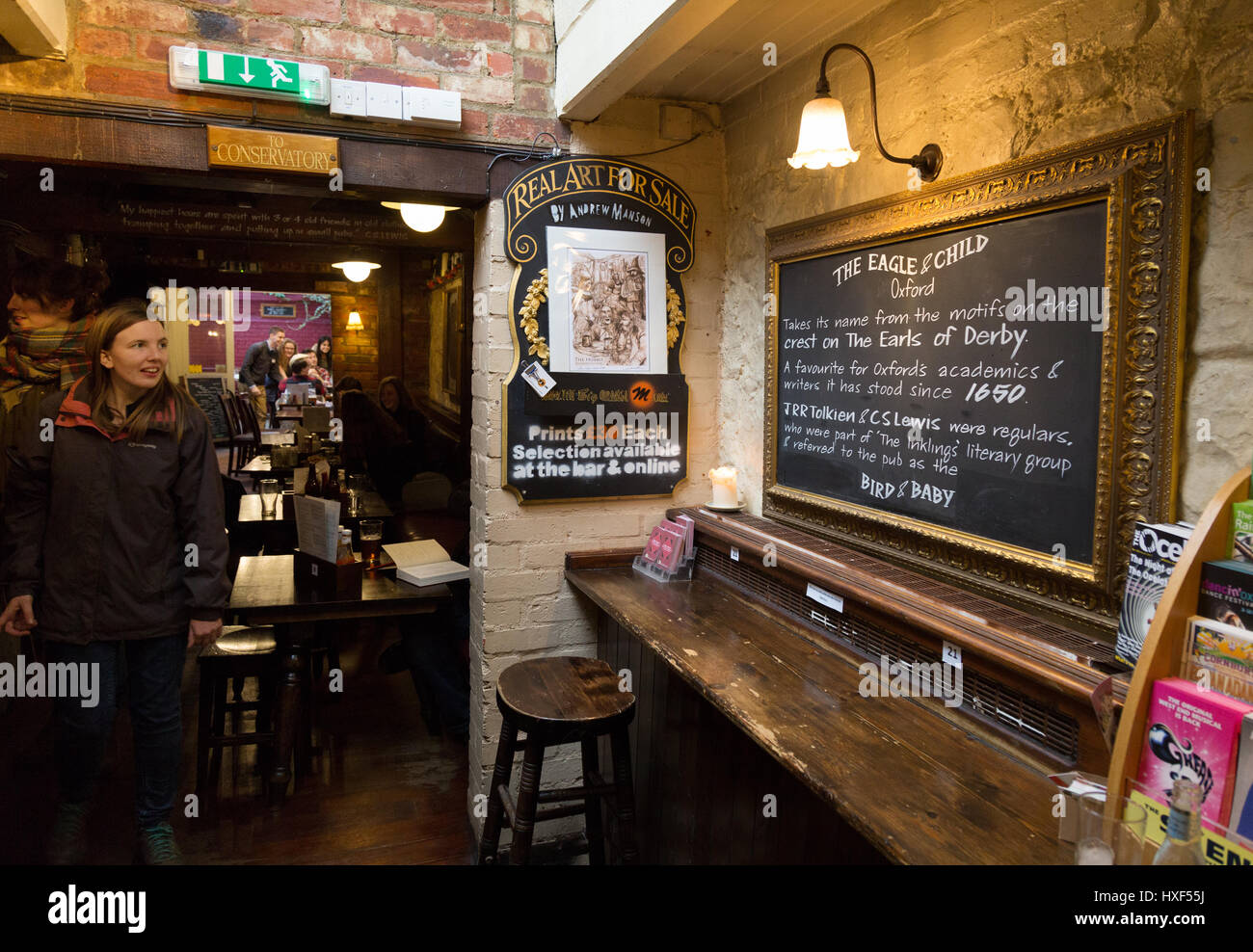 Eagle and Child Pub, Oxford UK, interior and sign, St Giles, Oxford