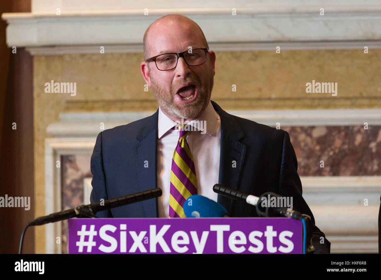 London, UK. 27 March 2017. Ahead of the Prime Minister triggering Article 50 this week, UKIP Leader Paul Nuttall sets out six key tests by which the country can judge Theresa May's Brexit negotiations. Keynote speech at the Marriott County Hall in Westminster. Stock Photo