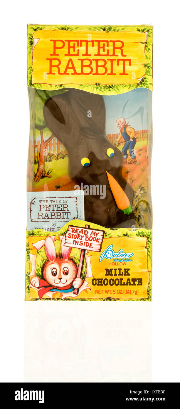 Winneconne, WI - 26 March 2017:  Package of chocolate Peter Rabbit bunny made by Palmer on an isolated background. Stock Photo