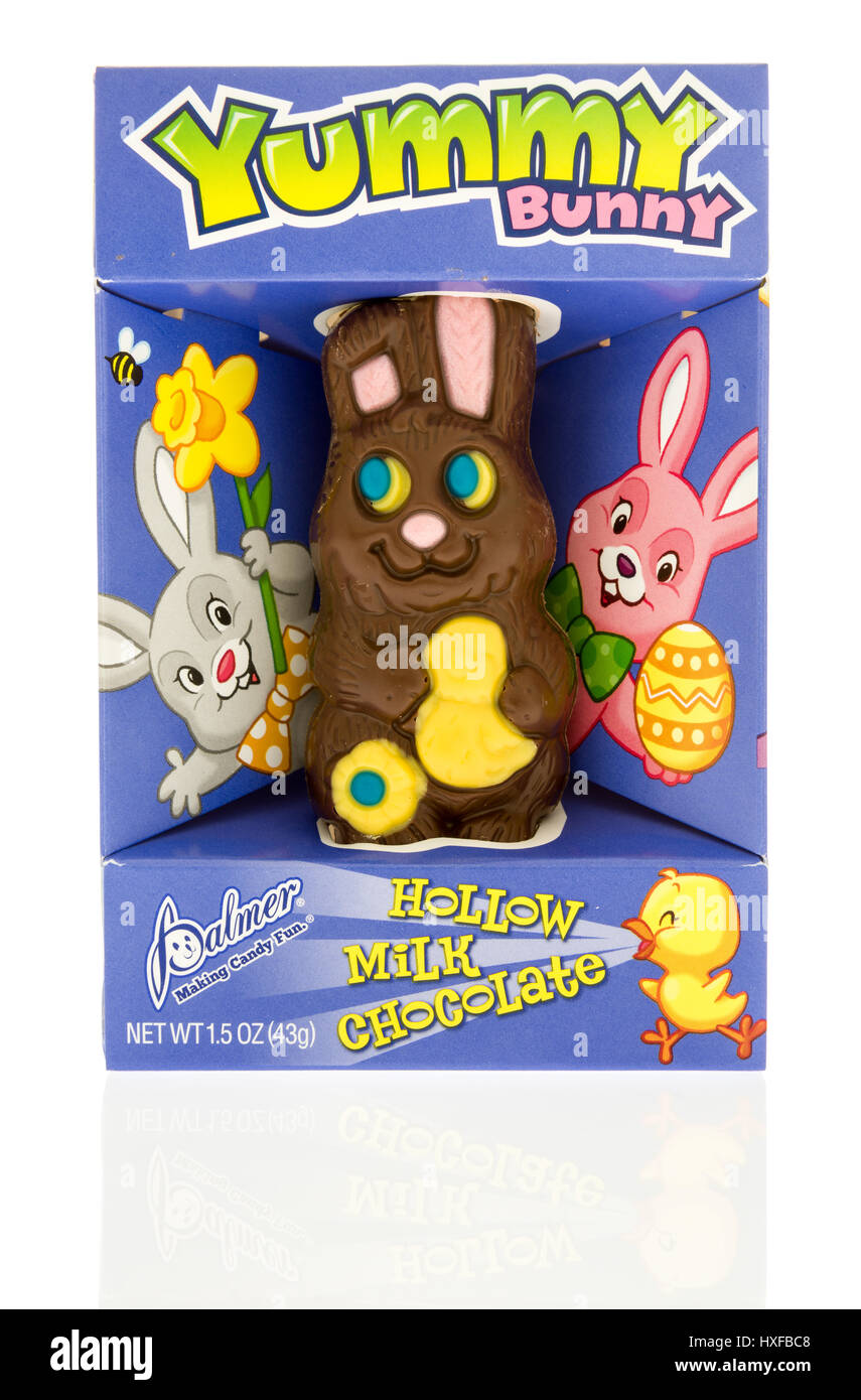 Winneconne, WI - 26 March 2017:  Package of chocolate yummy bunny made by Palmer on an isolated background. Stock Photo
