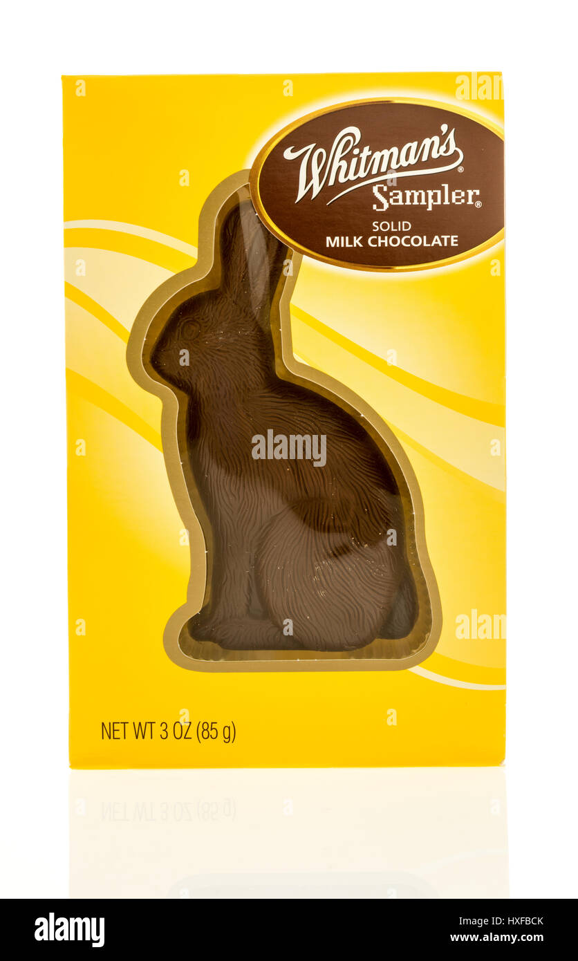 Winneconne, WI - 26 March 2017:  Package of  chocolate bunny made by Whitmans on an isolated background. Stock Photo