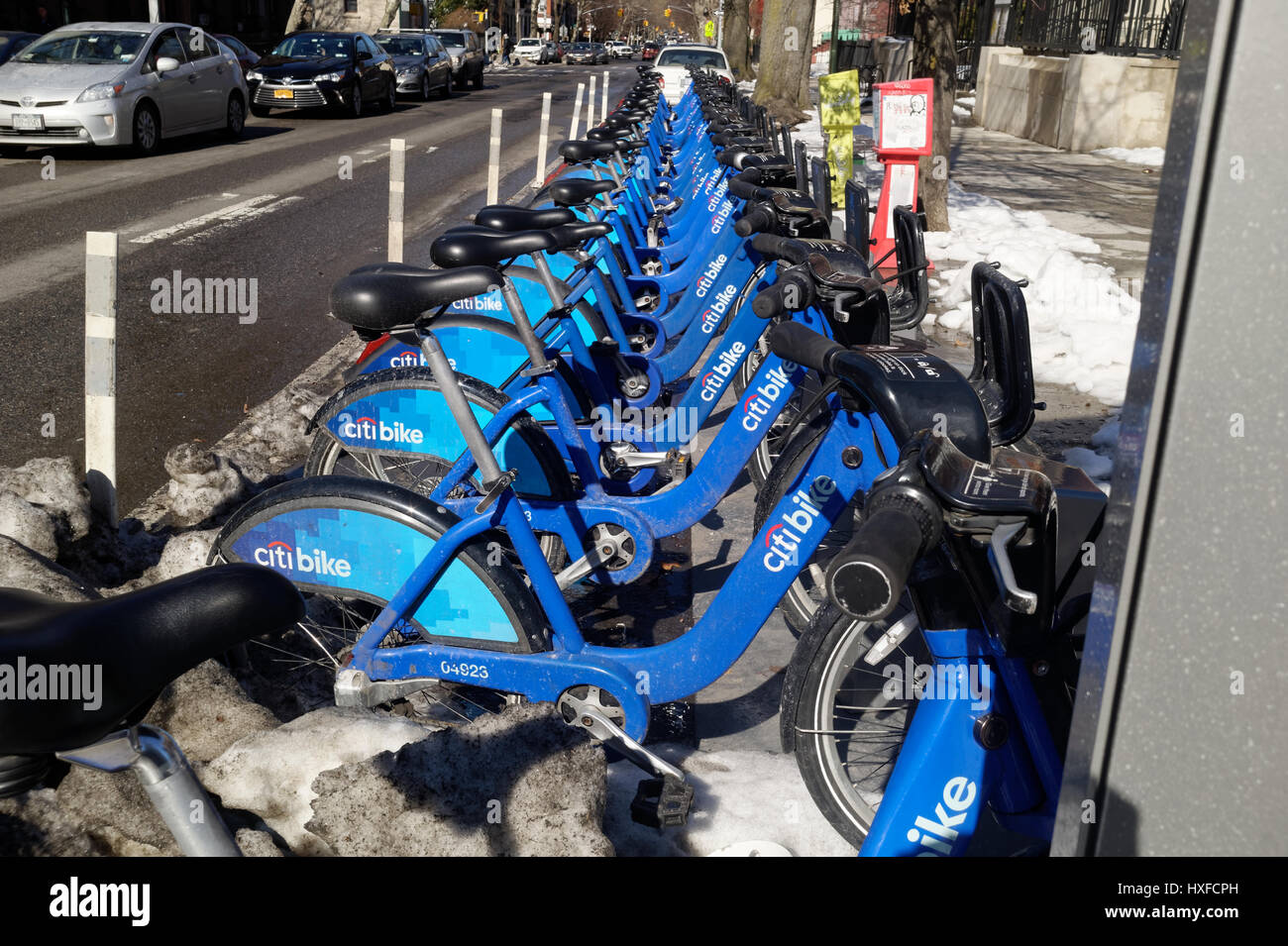 Citi bank bikes docked in New York City. Citi bike is a bike sharing system available throughout the five boroughs. Stock Photo