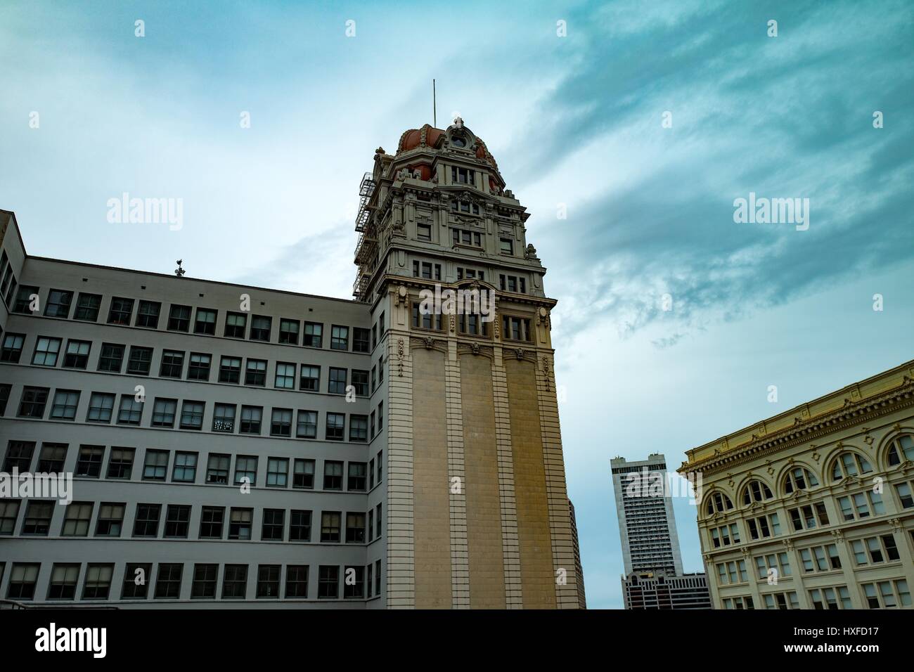 Ornate dome of the Humbolt Bank Building, an office building on Market Street constructed in 1908, San Francisco, California, March 18, 2017. Stock Photo