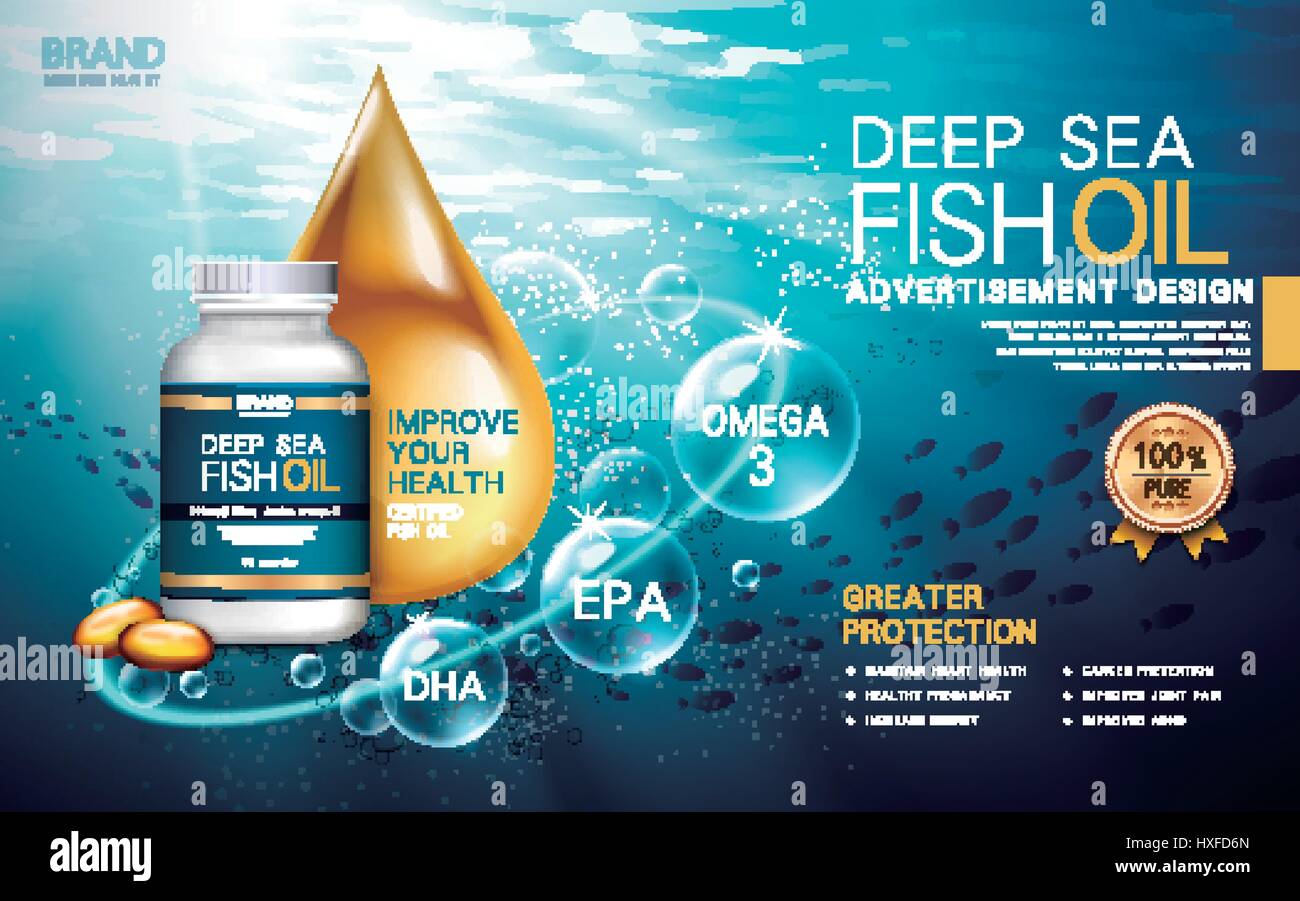 deep sea fish oil contained in a bottle, water background 3d