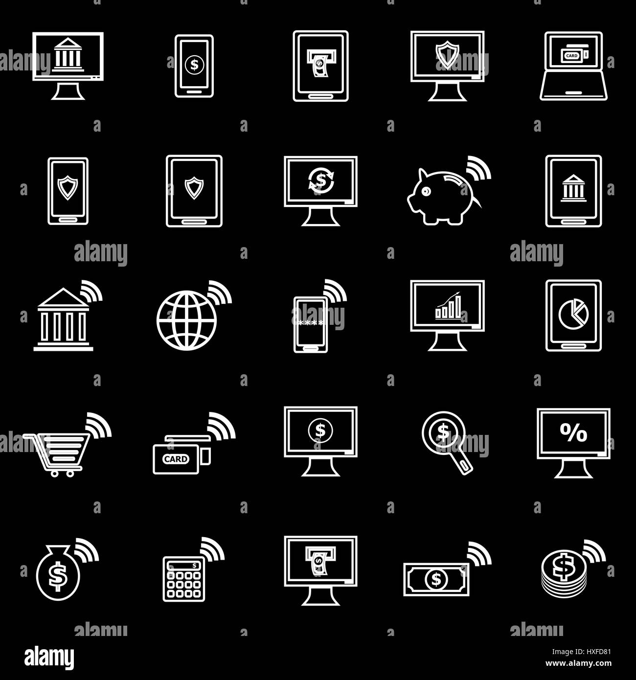 Online banking line icons on black background, stock vector Stock Vector