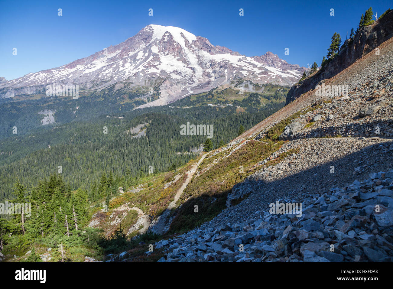 Dramatic view of south face of Mount Rainier and the Paradise area with upper zig-zags of the Pinnacle Saddle trail in the foreground. Stock Photo