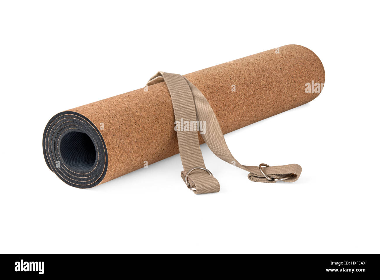 Eco Friendly, Cork Yoga Mat With Strap, Premium Product on White Background Stock Photo