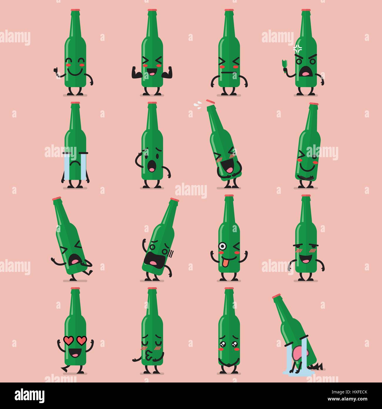 Beer bottle character emoji set. Funny cartoon emoticons Stock Vector