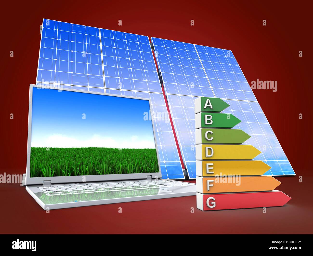 3d illustration of computer over red background with solar panel and ...