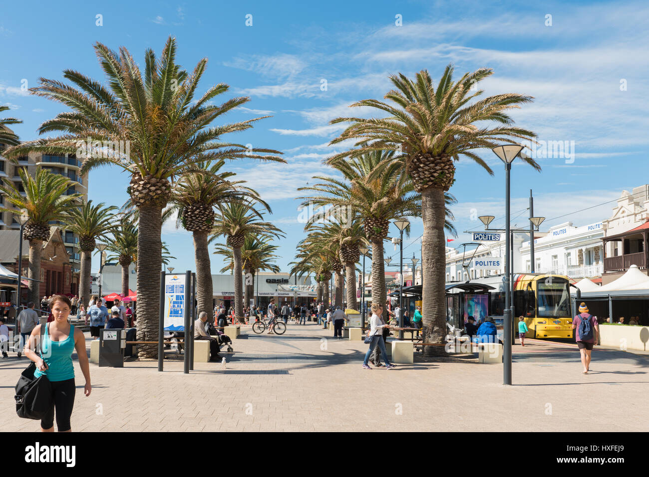 Shoppers and tourists in Moseley square at Adelaide's beachside suburb of Glenelg, South Australia Stock Photo