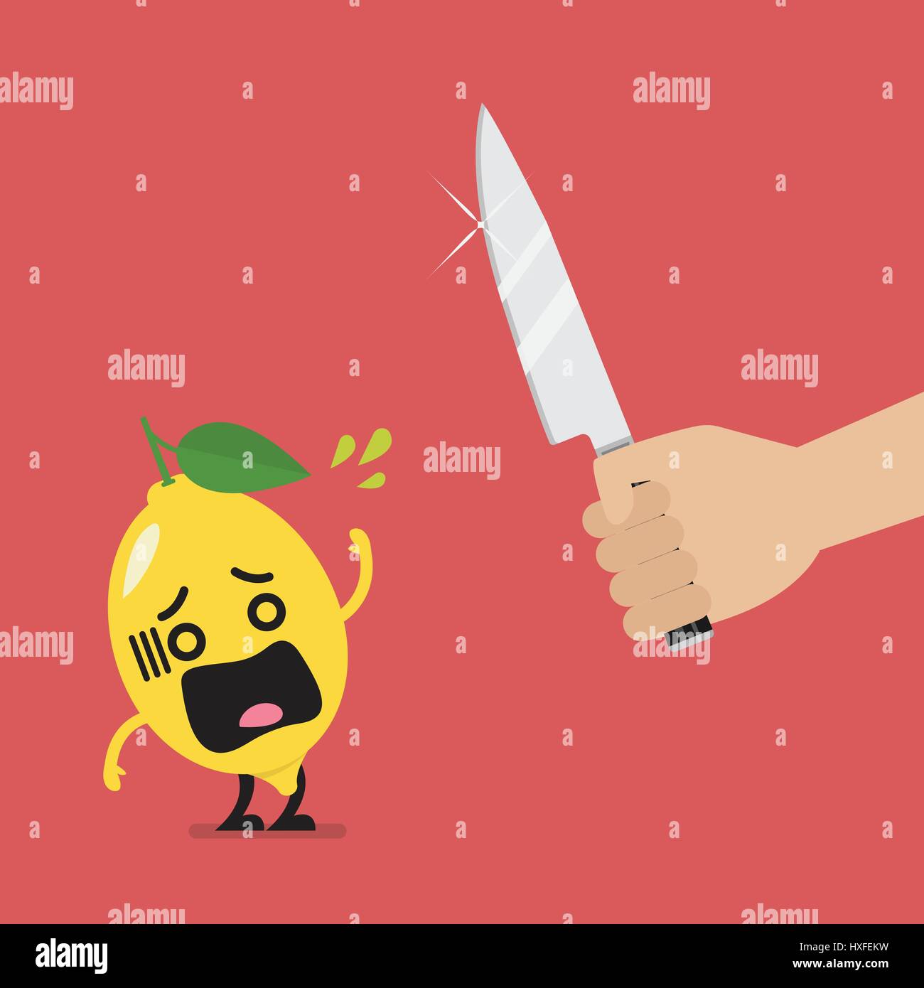 Hand with a knife prepare to cut shocked lemon. Vector illustration Stock Vector