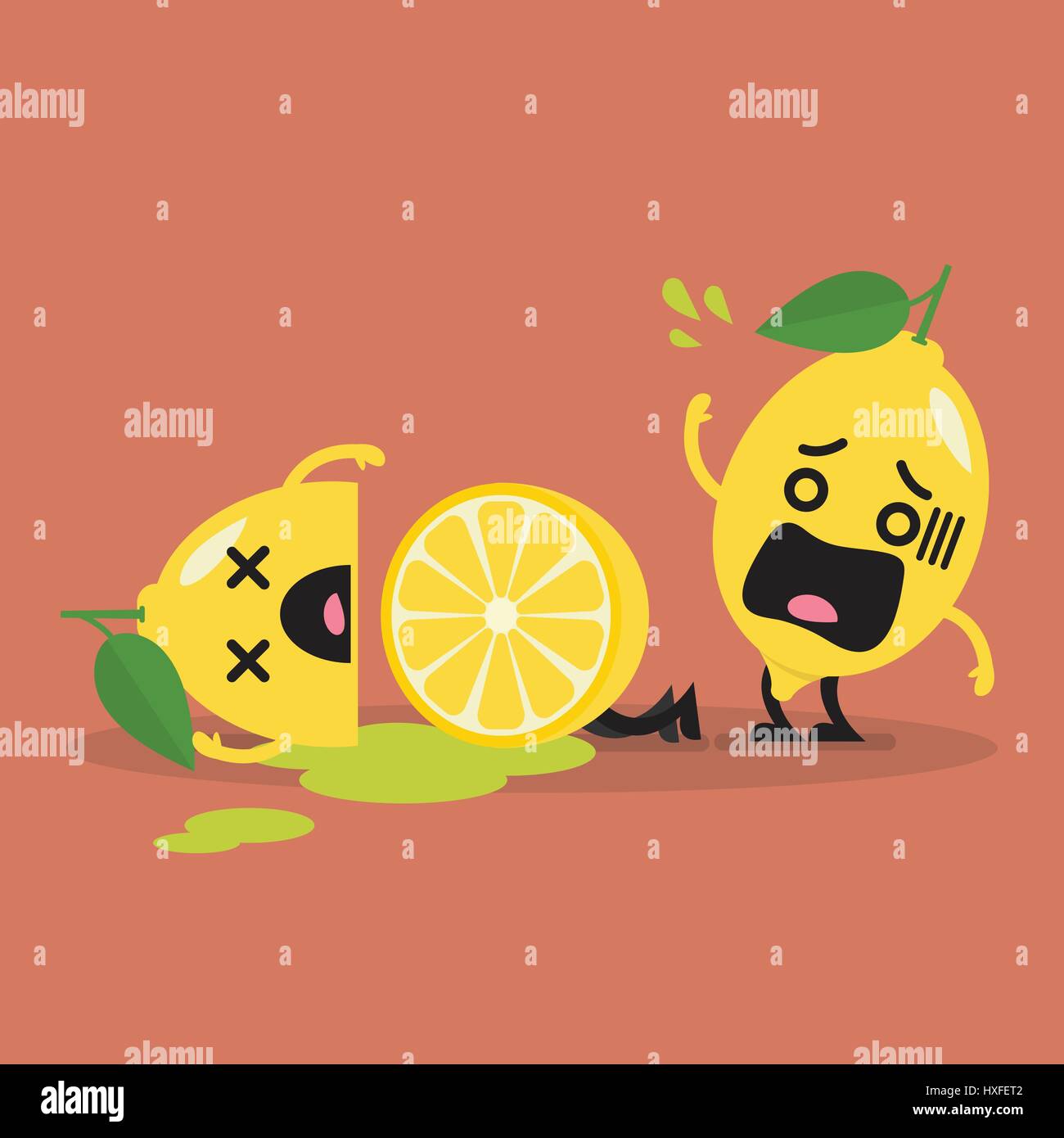 Died cut lemon with shocked lemon. Character vector illustration Stock Vector