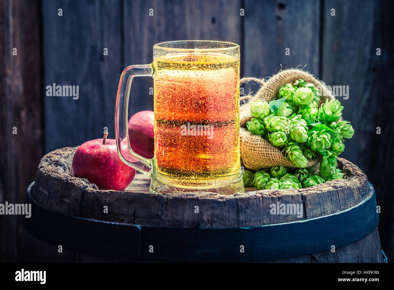 Cold cider beer with apples, hops and wheat Stock Photo