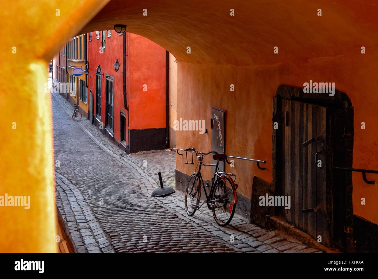 Shooting through an archway in Gamla Stan (Old City) in Stockholm Sweden Stock Photo