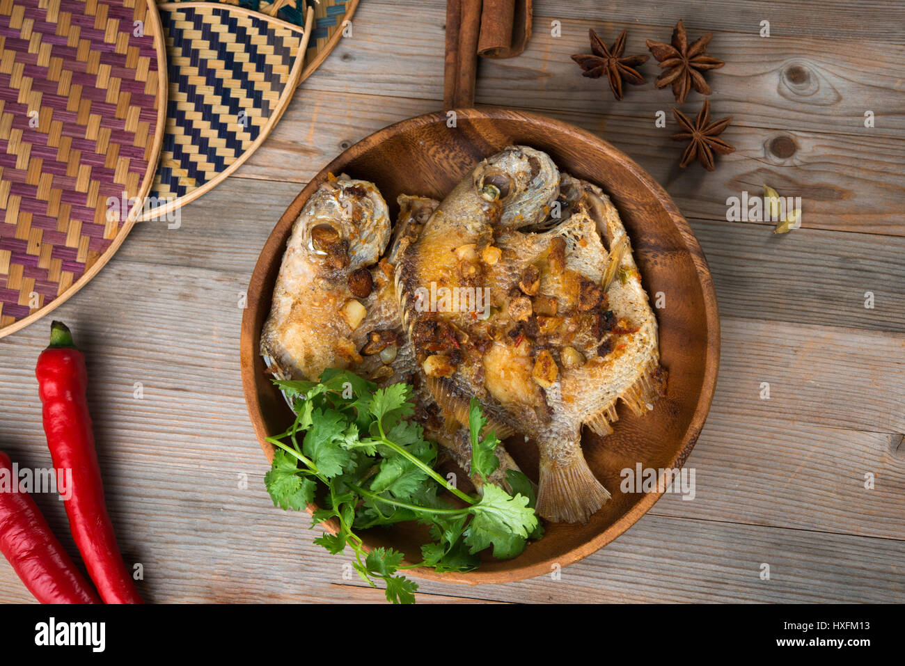 asian grilled fish top down view Stock Photo