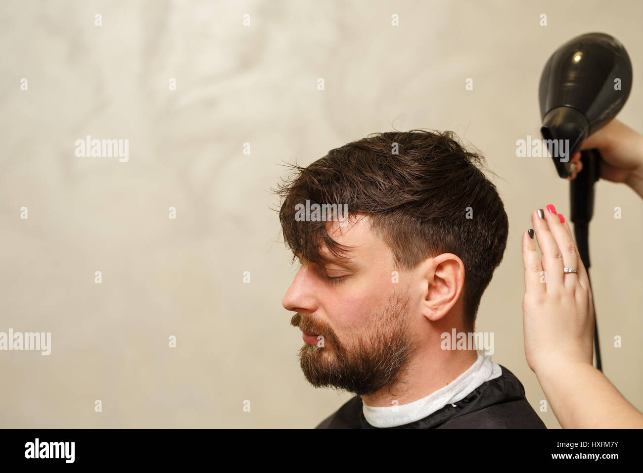 Professional Hairdresser Doing Haircut Men S Hair Drying Hair