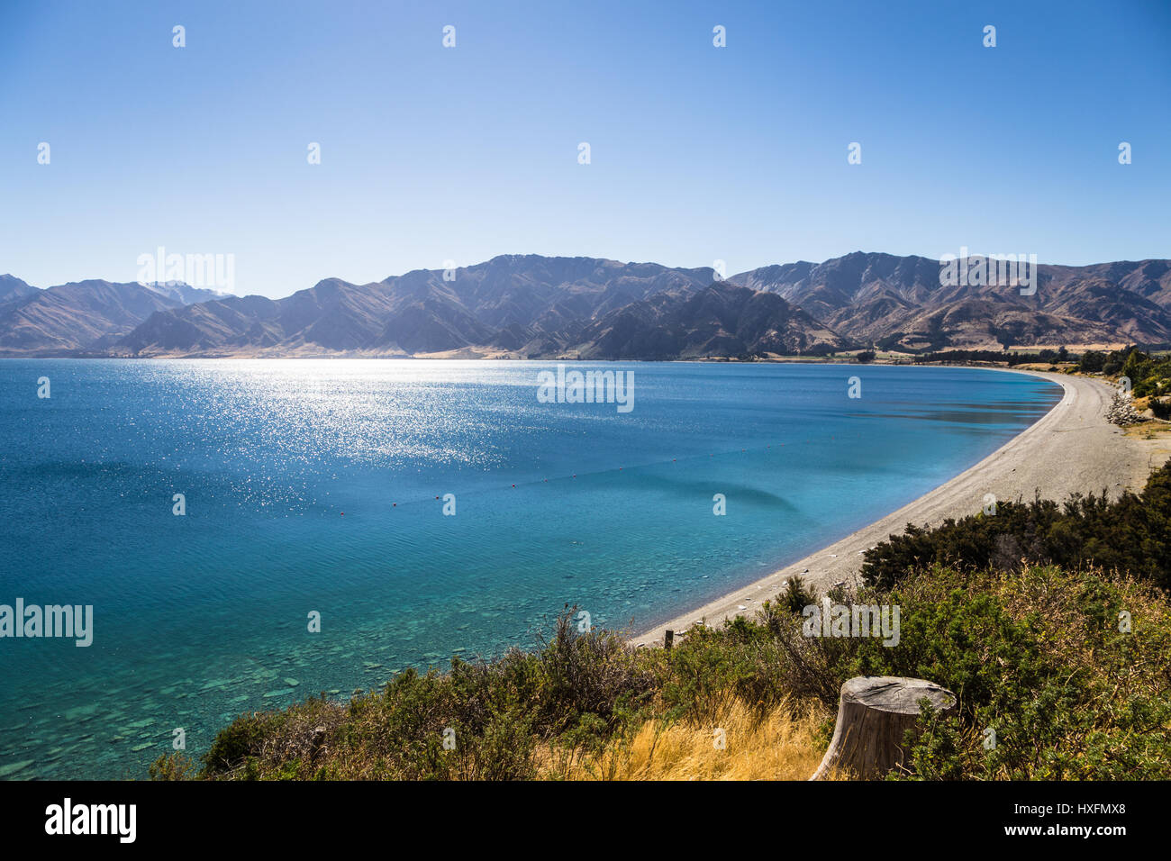 Aerial view of the stunning lake Hawea near the tourism town of Wanaka in Canterbury district of New Zealand south island. Stock Photo