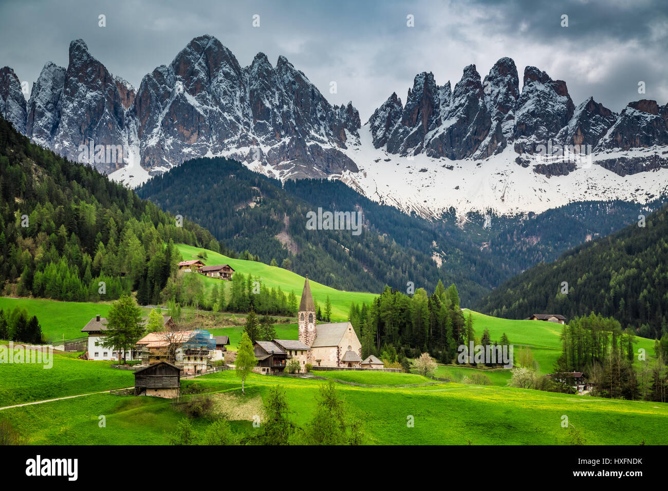 Small church in Santa Maddalena, Dolomites, Italy Stock Photo