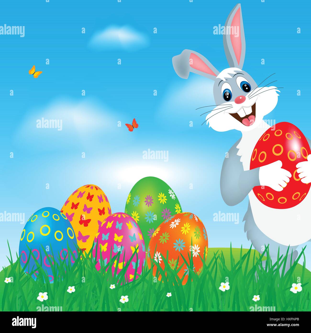 Easter greeting card with colorful eggs and bunny. Stock Vector