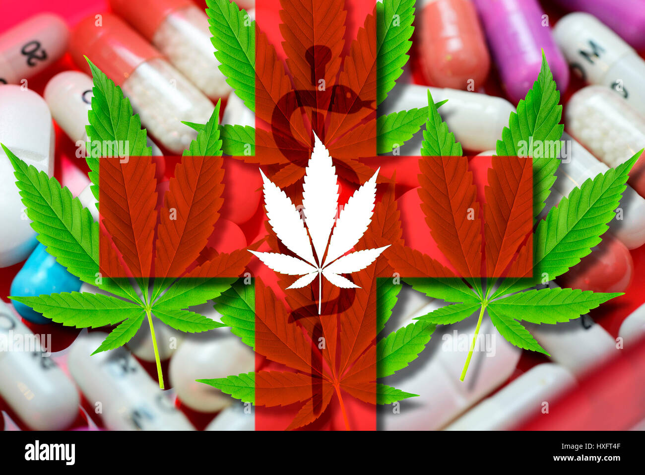 Hemp sheets, tablets and red cross, cannabis as a medicine admitted, HanfblÃ¤tter, Tabletten und rotes Kreuz, Cannabis als Medizin zugelassen Stock Photo